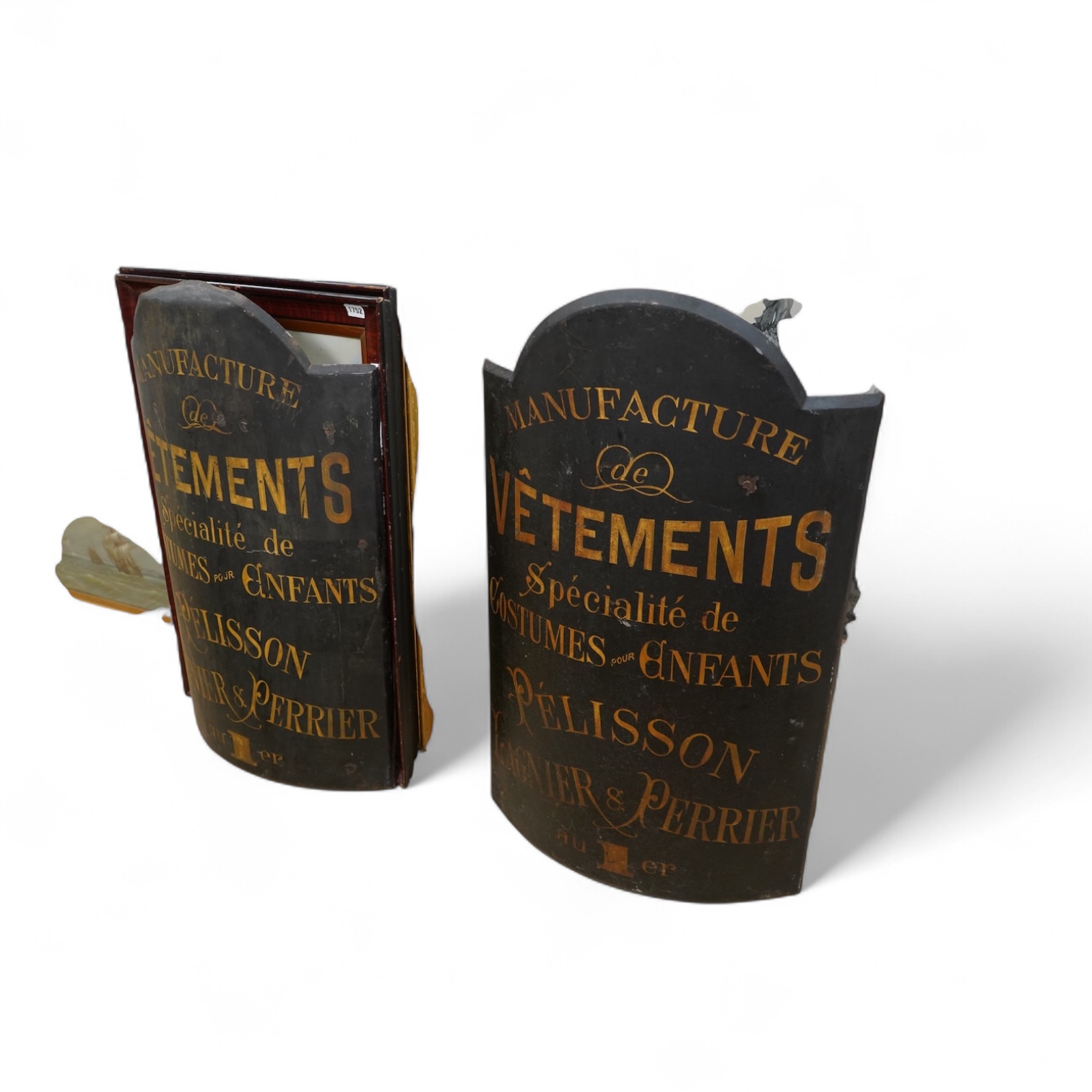 Two curved metal French identical shop signs, 90cm high x 55cm wide